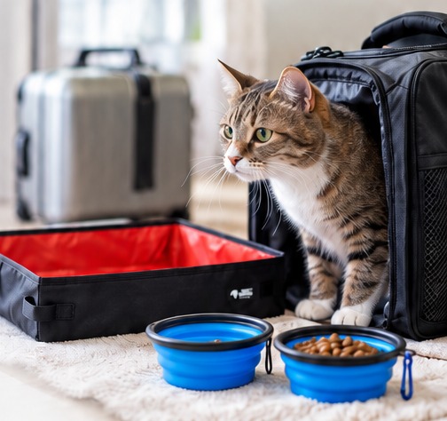 A tabby cat stepping out of a travel carrier next to a foldable litter box and two blue collapsible bowls